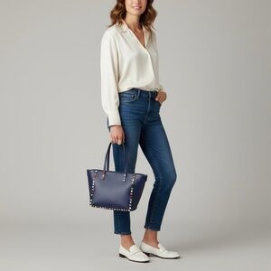 Accessory Hut Tina Dark Blue Studded Leather Tote Zipper Handbag